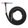 The Lincoln PTA-17F TIG Torch Ready-Pak (12.5 ft, 1 piece cable) K1782-14 is a black air-cooled torch with a flexible cable, pink ceramic nozzle, metallic handle, and connector for welding machine attachment.