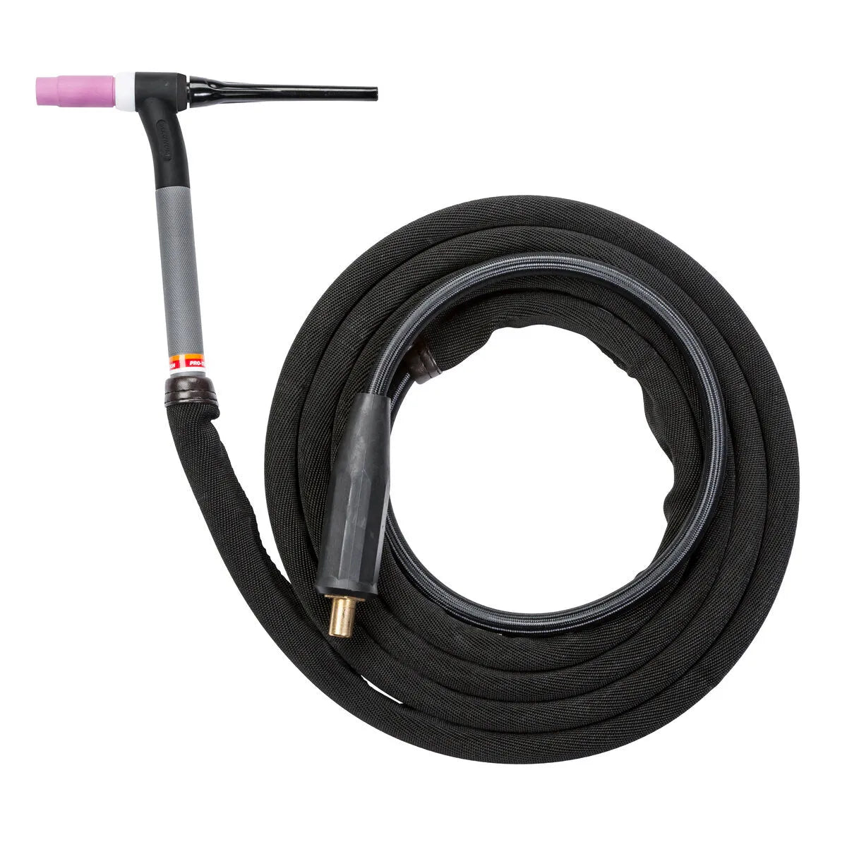 The Lincoln PTA-17F TIG Torch Ready-Pak (25 ft, 1 piece cable) K1782-18 is displayed with a black torch body, pink ceramic nozzle, gray handle with red label, and a connector for easy attachment to welding equipment.