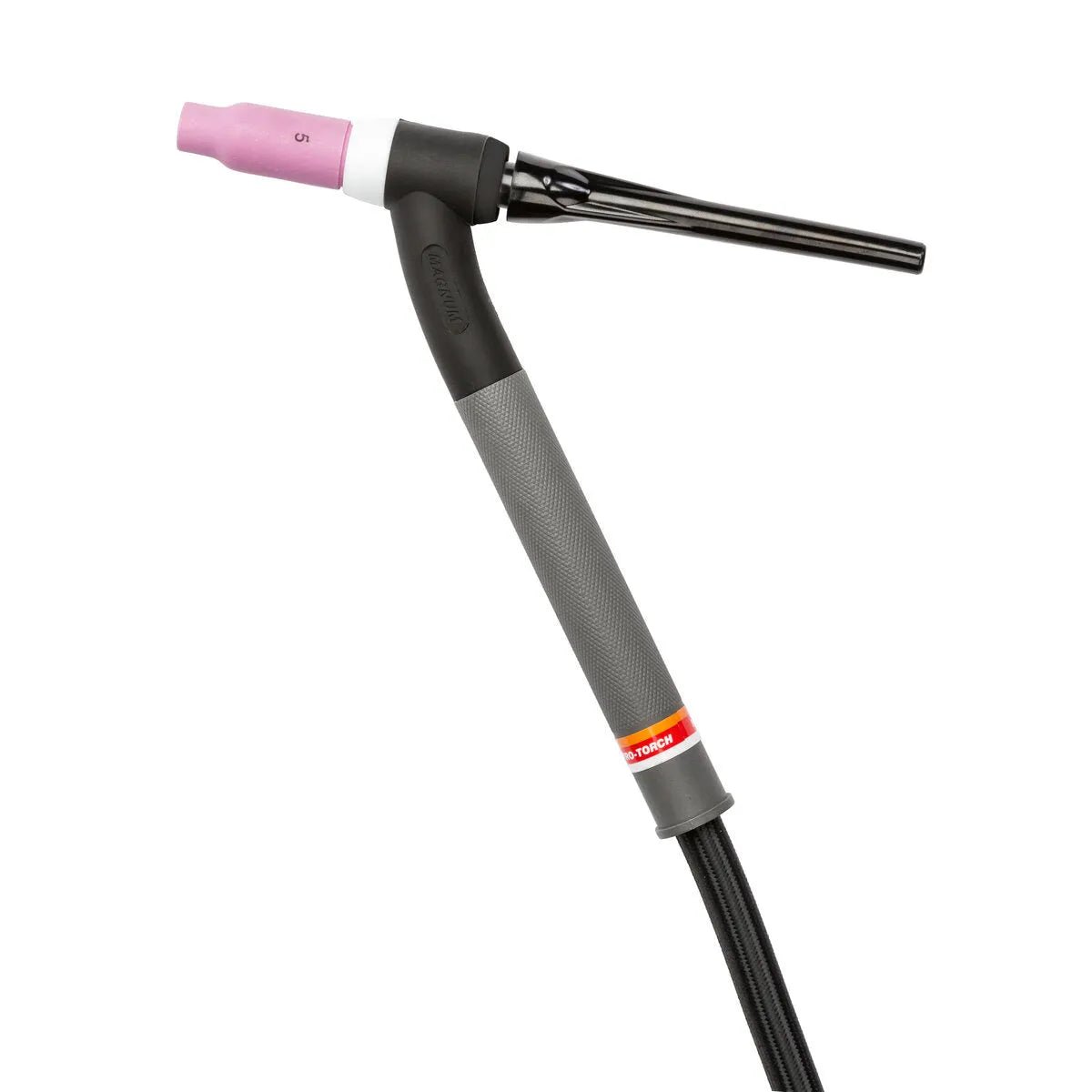 A Lincoln PTA-17F TIG Torch with Ultra-Flex Cable (12.5 ft, 1 piece cable), model K1782-15, features a black handle, textured gray grip, pink ceramic nozzle, slim black metal neck, and a small red and yellow label near the handle base.