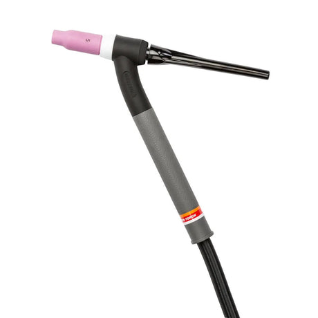 A Lincoln PTA-17F TIG Torch with Ultra-Flex Cable (12.5 ft, 1 piece cable), model K1782-15, features a black handle, textured gray grip, pink ceramic nozzle, slim black metal neck, and a small red and yellow label near the handle base.