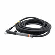 A coiled black air-cooled TIG torch with a long cable, featuring a gray handle, a red band near the tip, and brass connectors at one end.