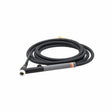 A black flexible TIG torch with a long coiled cable, featuring a gray and black handle and a white ceramic nozzle at the end.