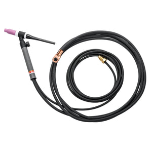 A Lincoln PTA-17V TIG torch with a long black cable, copper connectors, and a pink ceramic nozzle is coiled neatly on a white background.