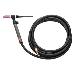 A Pro-Torch TIG torch with a long black hose coiled beside it. The air-cooled TIG torch features a gray handle, pink ceramic nozzle, and a brass connector at the end of the hose.