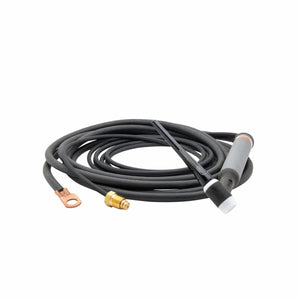 A black Lincoln PTA-26 TIG Torch lead with a gray torch handle, a long flexible black cable, a copper terminal, and a brass connector arranged in a coil on a white background.