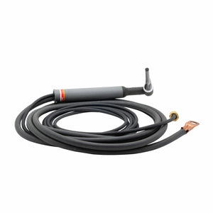A black air-cooled TIG torch with a flexible cable, gray handle, and copper connectors at the end, coiled neatly against a white background. Compatible with Lincoln PTA-26 TIG Torch accessories.