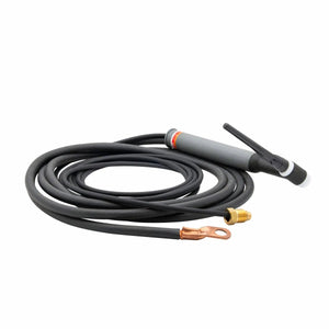 A black Lincoln PTA-26 TIG Torch air-cooled TIG torch with a long coiled cable, metallic connector, and copper terminal is displayed on a white background.