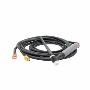 A coiled black air-cooled TIG torch, compatible with Pro-Torch TIG torches and Lincoln PTA-26 TIG Torch, features a grey handle, white ceramic nozzle, copper terminal, brass connector, and a black flexible hose on a white background.