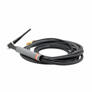 A coiled black air-cooled TIG torch with a gray handle and a long flexible black cable, featuring a brass connector at one end and a slim welding head at the other.