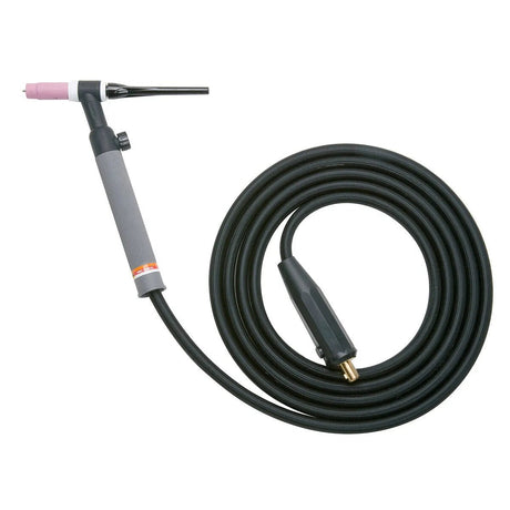 A Lincoln PTA-26V TIG torch with a gray handle, pink ceramic nozzle, and a long, coiled black cable attached to a connector—ideal for pipefitter TIG torch applications and tasks needing an air-cooled TIG torch.