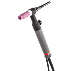 A close-up view of a Lincoln PTA-26V TIG Torch with a gray textured handle, black nozzle, and purple ceramic cup at the tip, isolated on a white background.