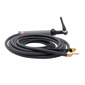 A black air-cooled TIG torch with a long coiled hose, featuring a control knob on the handle and metal connectors at the ends.