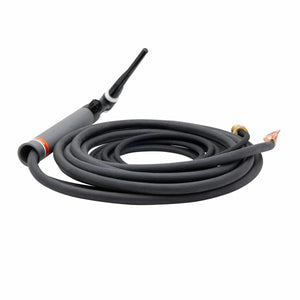 A coiled black air-cooled TIG torch with a gray handle, a long flexible cable, and a copper electrode clamp at the end.