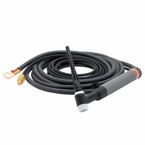 A black Lincoln PTA-26V TIG Torch with a long black hose coiled behind it, featuring a gray handle and brass and copper connectors at the ends—an air-cooled TIG torch from the durable Pro-Torch TIG torches series.