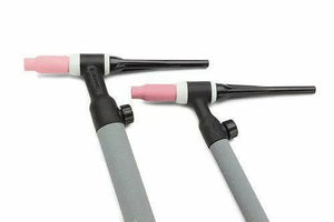 Two TIG welding torches, including an air-cooled TIG torch with a pink ceramic nozzle and gray handle, are displayed on a white background, shown from a side angle.