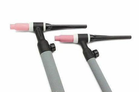 Two TIG welding torches, including an air-cooled TIG torch with a pink ceramic nozzle and gray handle, are displayed on a white background, shown from a side angle.
