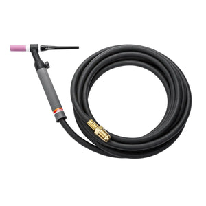 The Lincoln PTA-26V TIG Torch (25 ft 1pc) K1783-8 features a black body with a gray handle, pink ceramic nozzle, and brass connector on its long, coiled hose for easy attachment to welding equipment.