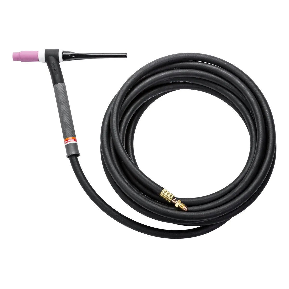 The Lincoln PTA-26V TIG Torch (25 ft 1pc) K1783-8 features a black handle with a red band, a pink ceramic nozzle, and comes with a long, coiled black cable ending in a brass connector. The torch and cable are arranged neatly side by side.