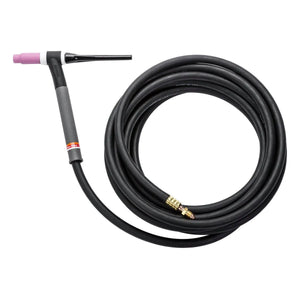 The Lincoln PTA-26V TIG Torch (25 ft 1pc) K1783-8 features a black handle with a red band, a pink ceramic nozzle, and comes with a long, coiled black cable ending in a brass connector. The torch and cable are arranged neatly side by side.