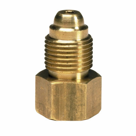 A close-up of a brass PTA-9 adapter fitting with a hexagonal base, threaded middle section, and rounded tip. The fitting appears clean and is photographed against a white background.