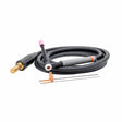 A black Lincoln PTA-9 TIG Torch (12.5 ft) K1782-16 with a pink ceramic cup and coiled hose is displayed beside two tungsten electrodes and copper-colored parts on a white background. This air-cooled TIG torch ensures precise, reliable welding performance.