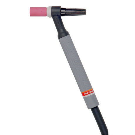 A handheld Pro-Torch TIG welding torch with a gray textured grip, black nozzle, and pink ceramic tip is attached to a black welding cable.