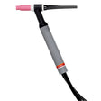 The Lincoln PTW-18 TIG Torch (12.5 ft 3pc) K1784-1 features a gray and black body, pink ceramic cup, textured grip handle, a black cable extending from the bottom, and a small red label near the handle. This water-cooled torch is angled left.