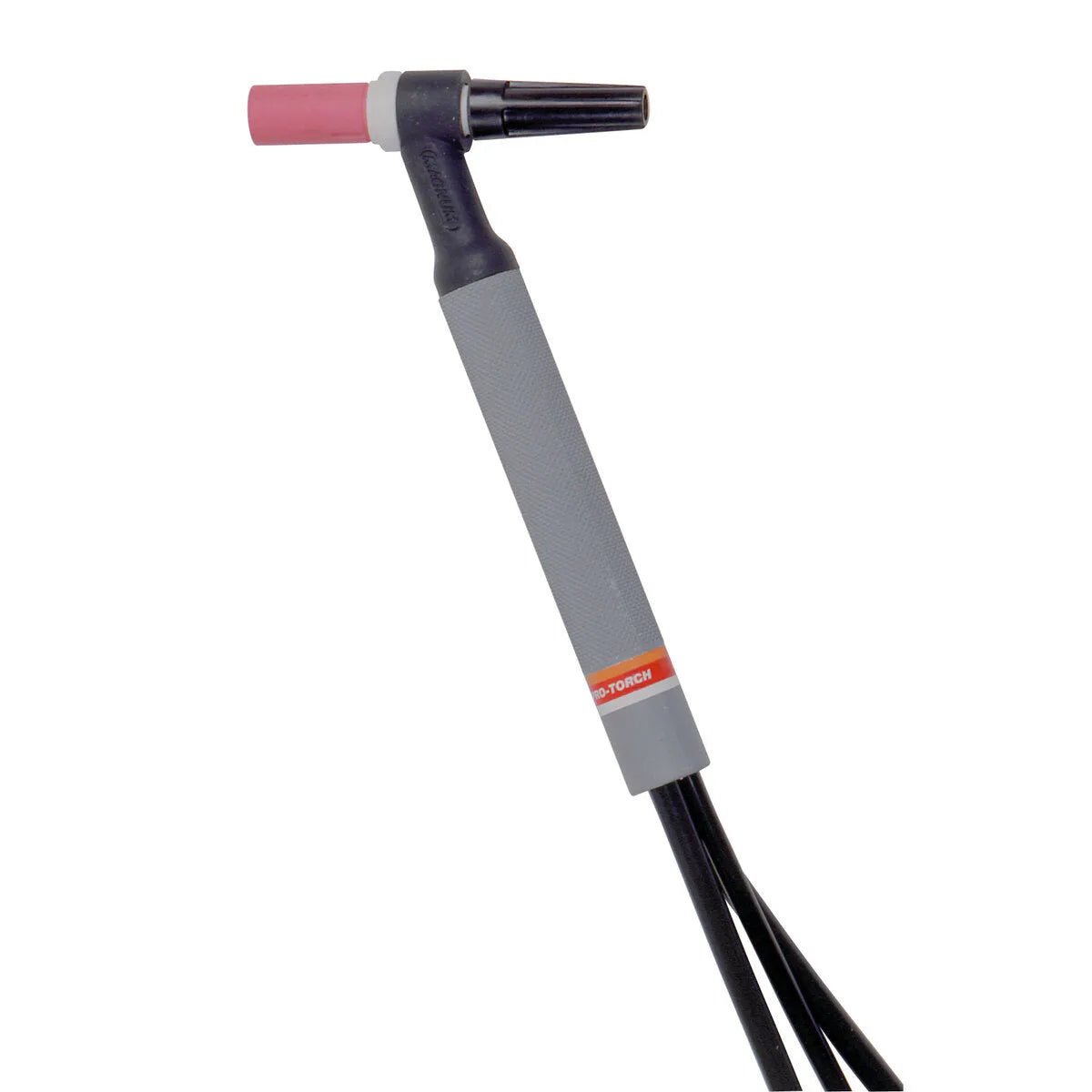The Lincoln PTW-20 TIG Torch (12.5 ft 3pc) K1784-3 has a black handle, textured gray grip, pink ceramic nozzle, black cables, and features a small orange and white label near the bottom of its angled grip.