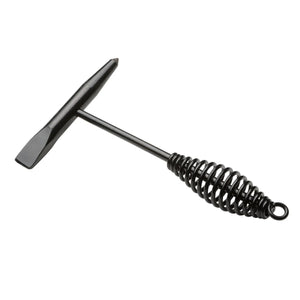 The Lincoln Radius Chipping Hammer K4022-1 is a black hammer with a flat chisel and pointed tip, spiral handle, coiled spring grip for shock absorption, sturdy utilitarian design, and a hanging loop—ideal for weld slag removal.