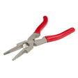 Lincoln Radius Welding Pliers K4014-1, featuring textured jaws and red non-slip plastic-coated handles for nozzle and tip installation, are displayed on a white background with open handles and slightly parted jaws.