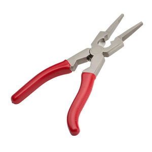 The Lincoln Radius Welding Pliers K4014-1 feature textured jaws, red plastic-coated curved handles for comfort, and an angled design ideal for wire cutting or installing welding nozzles and tips. Shown against a white background.
