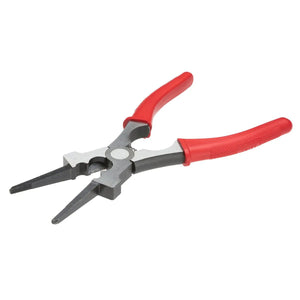 The Lincoln Radius Welpers K4014-2 is a combination MIG plier with metal jaws and red, textured handles. Positioned diagonally on a white background, it displays its gripping jaws, cutting edge, and comfortable handle grips—perfect for MIG welding tasks.