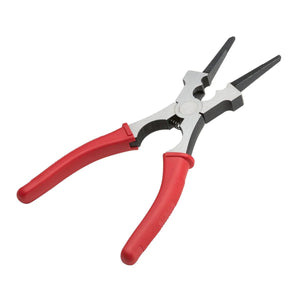 The Lincoln Radius Welpers K4014-2 are multi-use MIG welding pliers with textured red handles and a silver head, featuring gripping jaws, wire-cutting section, and nut-gripping opening for versatile tasks.