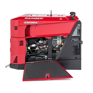 Lincoln Ranger 330MPX Engine Driven Welder Kohler K3459-1 with side panel open showing internal components, wiring, and controls.