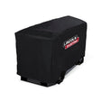 The Lincoln Ranger Air Nylon Storage Cover K5492-1, in black nylon with a red and white Lincoln Electric logo, fits over a machine. Side straps secure the cover while the unit sits on a flat black platform against a white background.