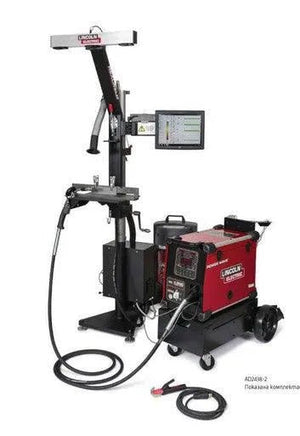 Lincoln REALWELD Trainer AD2422-1 welding equipment with red/black design, control panel, torch, cables, and monitor.