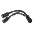 A Y-shaped black electrical cable splitter with three circular connectors featuring blue inserts—two female connectors on one end and one male connector on the other, ideal as a Lincoln K864Y remote control adapter with 14 pin receptacle compatibility.