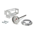 The Lincoln Rod Oven Optional Thermometer Kit K3148-1 includes a metal probe thermometer with a round dial featuring DryRod branding, a metal mounting bracket, a circular flange, and six screws, all arranged on a white background.