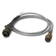 The Lincoln Seam Tracker Sensor Cable Assembly 4 ft. (1.2 m) K52033-1 has a gray shielded twisted pair cable with industrial-grade olive green connectors: one four-pin, one seven-hole, both with ridged grips, coiled on a white background.