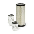 Three filters from the Lincoln Service Kit for Deutz Engine Model D2011L03i, D2011L04i K3558-1 are displayed: two metal canister filters with labels on the left and a larger mesh-covered air filter with black ends on the right.