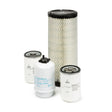 Four cylindrical filters from the Lincoln Service Kit for Deutz Engine Model F3L912 K3558-2 are shown on a white background—three labeled metal canister filters and one tall mesh filter with a black top, arranged with the largest at the back.
