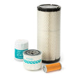 Four filters from the Lincoln Service Kit for Kubota Engine Model V3600T K3599-3 are displayed upright on a white background, including a mesh air filter, two canister fuel filters, and an orange pleated filter.