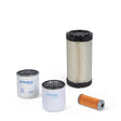 The Lincoln Service Kit for Perkins Engine Model 403F-15T K3598-4 includes two white oil filters, a tall mesh air filter with a black top, and an orange pleated filter, all displayed against a plain white background.
