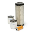 The Lincoln Service Kit for Perkins Engine Models 404D-22, 404D-22T, and 403-15T (K3598-1) includes three canister filters with Perkins branding and a mesh air filter, all displayed on a white background—perfect for diesel engine welder maintenance.