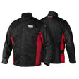 Two Lincoln K2987-XXXL Shadow Grain Leather Sleeved Welding Jackets (3XL) in black and red are shown front and back, featuring long sleeves, snap-button fronts, Lincoln Electric logos, two pockets, and adjustable waist straps.