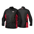 Two Lincoln K2986-XXL Shadow Split Leather Sleeved Welding Jackets (2XL) are shown front and back, featuring snap fronts, side pockets, leather sleeves for protection, and the Lincoln Electric logo on flame-resistant fabric.