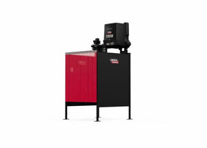 The Lincoln Single Weld Booth Fume Extraction One-Pak 5x5 ft. (K5563-1) is a red and black industrial welding fume extractor with a rectangular body, top-mounted controls, four legs, and red front/side panels contrasting a sleek black base and top.