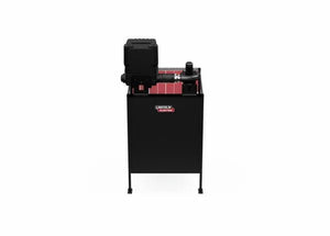 The Lincoln Single Weld Booth Fume Extraction One-Pak 5x5 ft. K5563-1 is a black, upright industrial machine with four legs, large boxy top, pipes, and control panel. The front features a red and white Lincoln Electric logo on a plain white background.