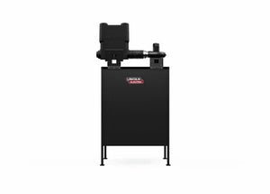 The Lincoln Single Weld Booth Fume Extraction One-Pak 5x5 ft. (K5563-1) is a black industrial unit with a rectangular base, four legs, the red and white Lincoln Electric logo centered, and a top-mounted motor and piping system. Background: plain white.