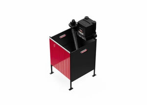 The Lincoln Single Weld Booth Fume Extraction One-Pak 5x5 ft. (K5563-1) is a black and red, boxy industrial unit with four legs, hose attachment, and cylindrical filter on top, shown against a plain white background.